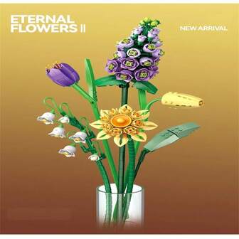 1pc Unisex Eternal Building Block Flower Set, Mini Building Block Flower Set, Building Block Eternal Flower, Building Block Flower Bouquet, Artificial Flower, Desktop Decor, DIY Unique Home Decor Plant Series, Suitable For Home Display, Girlfriend Gift, Mother's Day Gift, Birthday Gift, Fashion Toy, Including Violet And Tulip, Room Decor Building Blocks, Multiple Styles Available