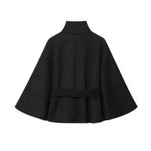 Women's Elegant Solid Color Stand Collar Belted Short Cape Jacket, Solid Color Belt, Front Button Closure, Suitable For Daily Wear