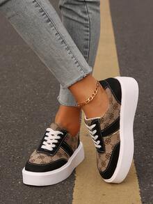 女式加大码 36-43 春秋时尚百搭棕色花卉拼接黑色系带厚底休闲运动鞋，轻便舒适的休闲平底鞋，适合日常穿着 - 棕色小花拼黑色 - 查看 5