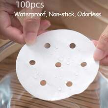 100 unidades de forros para fritadeira a ar, forros de bambu de 7,6 cm (3 polegadas), papel manteiga perfurado premium para cozinhar no vapor, tapete antiaderente para fritadeiras a ar, fornos e assadeiras. - Branco - Ver 4