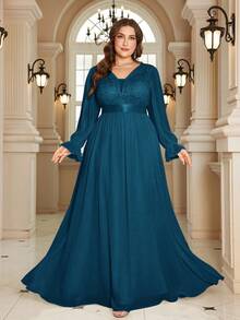 XUIBOL 高品质弹力优雅雪纺花卉拼接超修身大码V领晚礼服，适合约会、婚礼、派对、生日、周年纪念、鸡尾酒会、正式晚宴、婚礼宾客、单身派对、度假、夏秋季等场合。 - 水鴨藍 - 查看 5