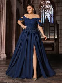 优雅雪纺伴娘礼服，饰有精美贴花，适合生日派对、主题婚礼、宴会、鸡尾酒会等场合，大码纯色曲线女士礼服，露肩开衩长款正式连衣裙，春季款 - 藏蓝色 - 查看 5