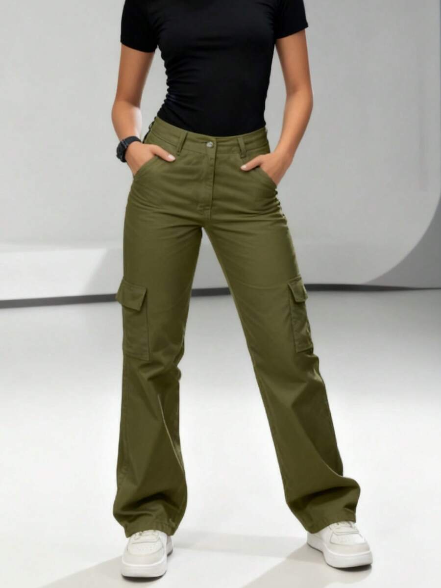 Women's New Multi-Pocket Straight Leg Cargo Pants, American Hot Girl Style, High Waist, Slimming Casual Sports Pants - 軍綠色 - 查看 1