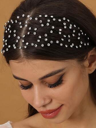 1pc Head Piece Rhinestone Mesh Headband Fashion Hair Accessories For Women Wedding Handmade Hairband For Bridal