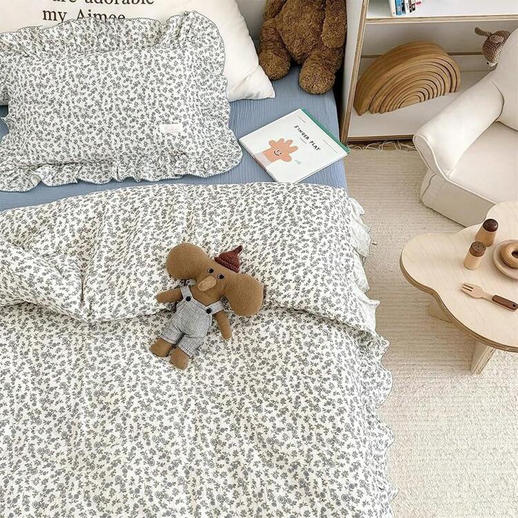 Muslin Duvet Cover With Ruffled Edges, 1 Piece Cotton Comforter Cover 47X59'', Pattern 2-Layer Gauze Bedding, No Quilt Or Pillowcases, Bedroom Essential - زهرية زرقاء أنيقة - مشاهدة 9