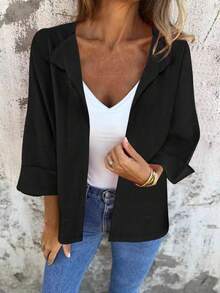 新款时尚纯色休闲开衫轻薄外套，适合日常、上学、度假、居家、旅行等场合。 - 黑色 - 查看 2