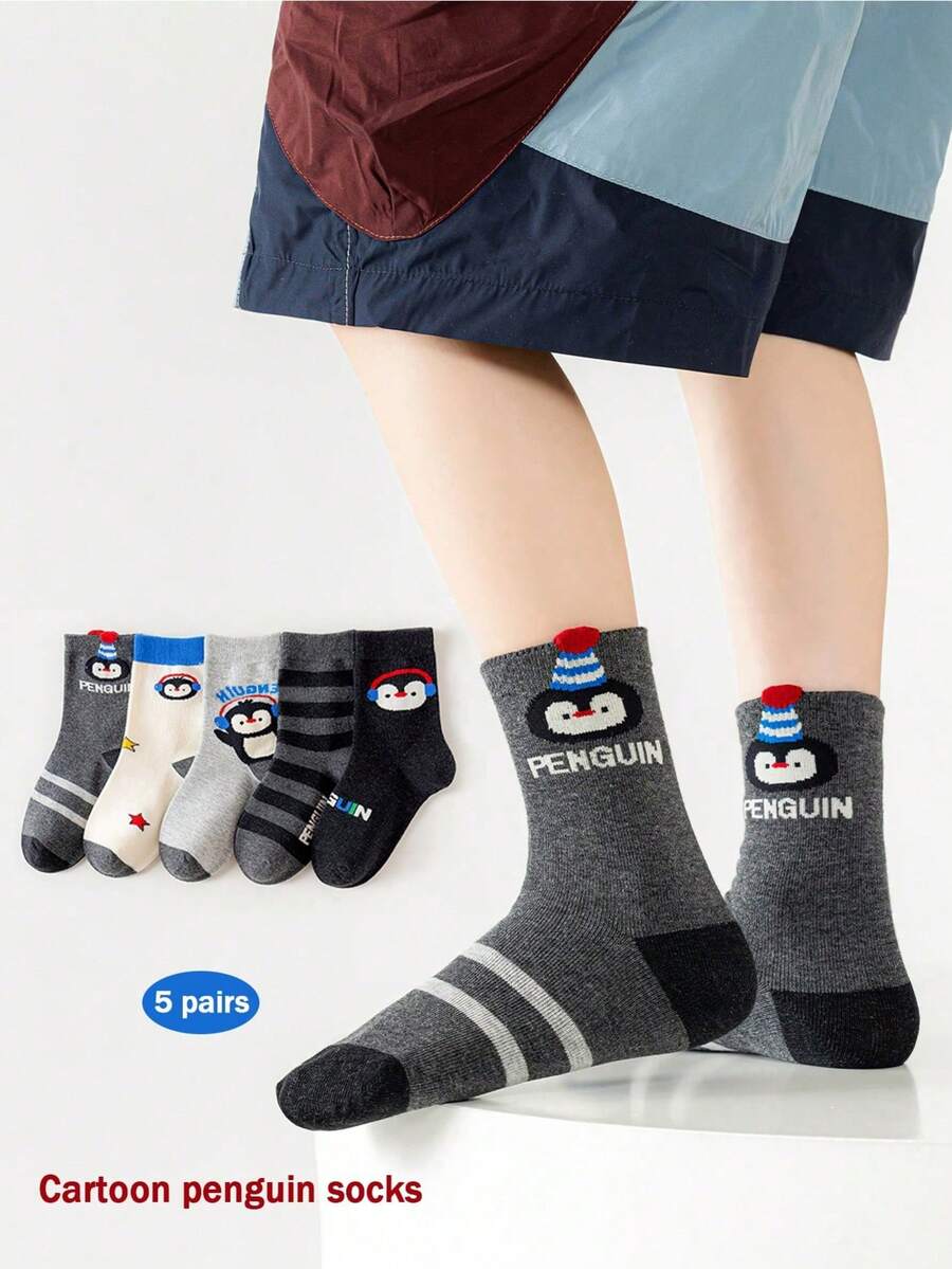 5 đôi tất cổ cao in hình chim cánh cụt hoạt hình cho bé trai (3-12 tuổi) - Phù hợp cho bé trai, tất dài đến bắp chân, dày, mềm, thoải mái và đơn giản, phù hợp với nhiều trang phục khác nhau, tuyệt vời để mặc hàng ngày và đi chơi - Nhiều màu - Xem 1