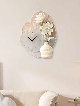 1件，奶油色挂钟装饰画，餐厅墙画，2025新款，客厅挂钟，花卉图案，高端挂钟