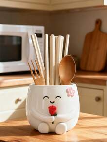 1 Set Cute Cartoon Ceramic Utensil Storage Box, Adorable Smiling Face Cartoon Character Design, Can Store Spoons, Chopsticks And Other Cooking Tools, Fun Decorative Utensil Storage Canister, Practical And Interesting Kitchen Accessory To Enhance Your Cooking Space - Multicolor - View 3