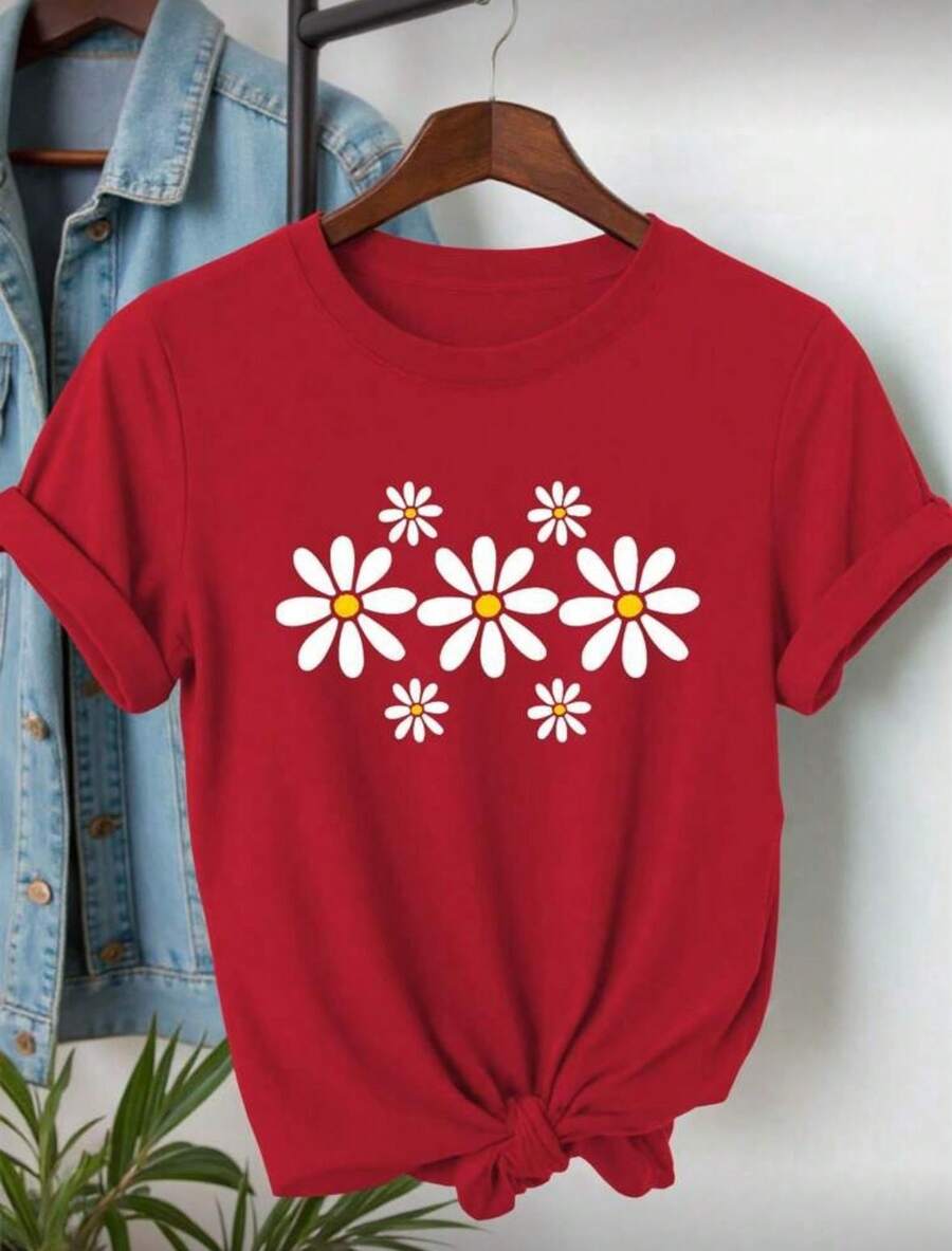 T-Shirt Vermelha Flor Branca Camiseta Plus Size Tamanho P Ao G5 Tecido leve e Macio, Manga Curta e Gola Redonda - Verão - Vermelho - Visão 1
