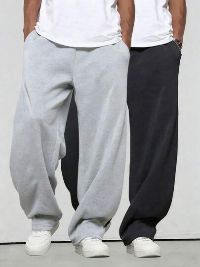 2pcs Teen Boy Casual Elastic Waist Pants, Slightly Stretchy Fashion Youth Outdoor Thermal Lined Warm Comfortable Straight Leg Trousers, Spring Autumn Winter