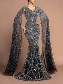 Women's Elegant V-Neck Cape-Like Ultra-Long Slit Sleeve Sparkly Beaded Floor-Length Party Gown – Form-Fitting Mermaid Skirt For Formal Parties, Galas & High-End Events