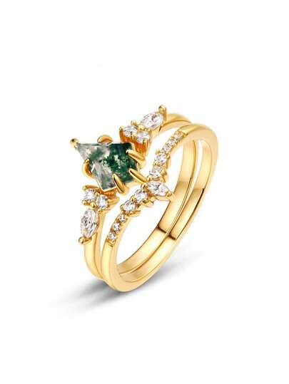 S925 Pure Silver 2-Piece Stacked Water Grass Agate Ring/Suitable For Women's Daily Commuting/Gift For Family And Friends' Anniversary