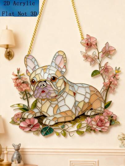 2D Plane, A Bulldog-Shaped Artwork With Pink Floral Elements, Designed In A Stained-Glass Style. The Overall Design Is Exquisite, Requires No Electricity, Made Of Acrylic Material, And Suitable For Hanging On Doors, Windows, Or Walls As Decoration.