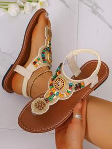 New Rhinestone Embellished Flat Sandals, Fashionable Thong Sandals For Street Wear, Suitable For Various Occasions - Beige - View 5