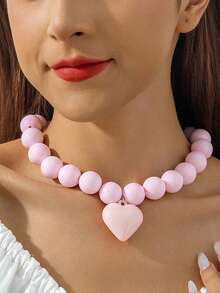 imoli 1pc Minimalist Resin Beaded Big Heart Pendant Necklace For Women, Party Gift (Handmade Chain Customized To Size; Random Bead Count) Valentines,Mom,Mother,Mother's Day,Gift - Multicolor - View 12