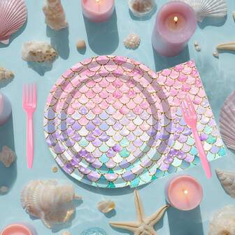 10/20/80 piezas Conjunto de vajilla de fiesta con estampado de escamas de peces del mundo submarino, combinación de colores multicolor desechable, incluye platos de papel, servilletas, vasos, adecuado para fiestas de cumpleaños, bodas, compromisos, fiestas de Navidad de invierno