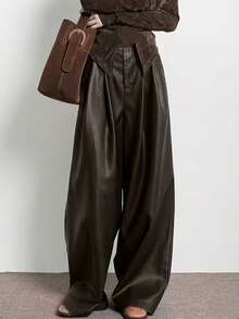 Melard PU Leather Wide Leg Palazzo Pants, Casual Vintage Style, Fashionable For Commuting - Coffee Brown - View 4