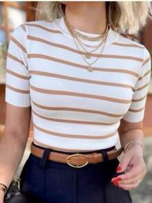 Women's Striped Short-Sleeve Modal Knit Blouse - Trắng/nude - Xem 1