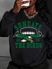 Plus Size, Women Pullover American Football And Baseball Crew Neck Sweatshirt, Sunday Football Eagle Birds , Long Sleeve Crew Neck Design For Fall & Winter , Perfect For Everyday Wear - 黑色 - 查看 1