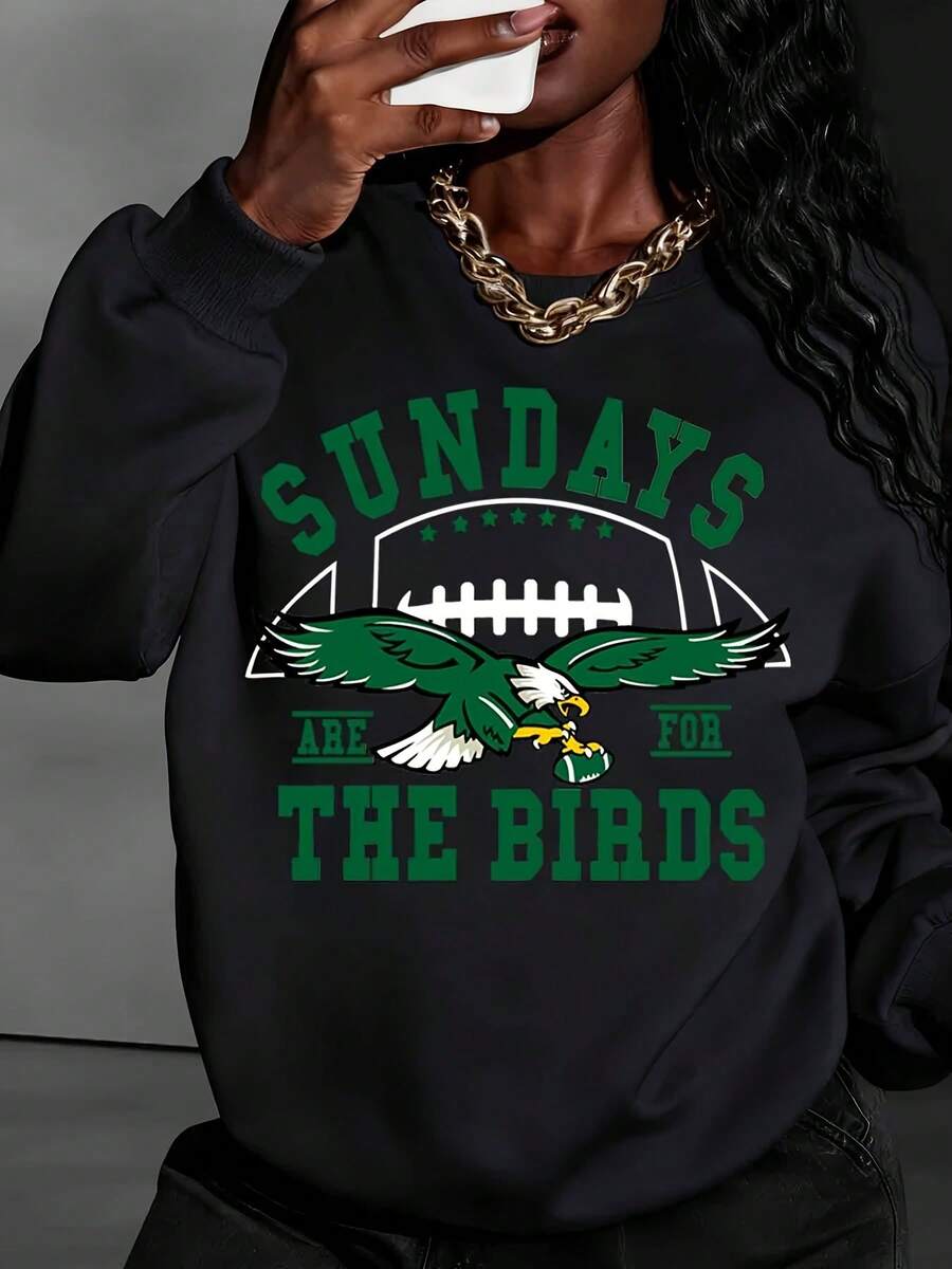 Plus Size, Women Pullover American Football And Baseball Crew Neck Sweatshirt, Sunday Football Eagle Birds , Long Sleeve Crew Neck Design For Fall & Winter , Perfect For Everyday Wear - 黑色 - 查看 1