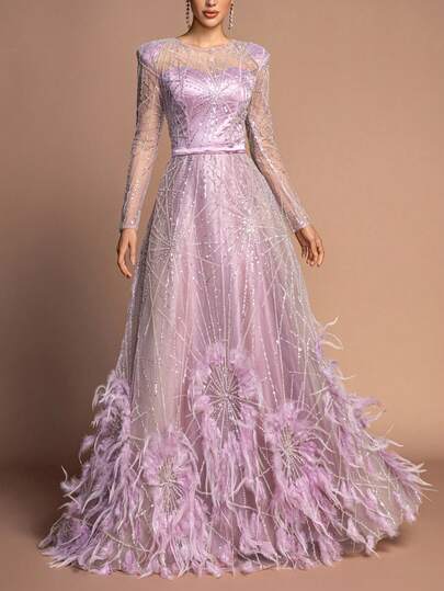 Faeriesty Vestido de noche de lujo con cuello redondo y manga larga, silueta de línea A, con intrincado bordado de cuentas y detalles con textura de plumas. Vestido formal fluido con silueta de cintura ceñida. Perfecto para eventos de alfombra roja, galas de etiqueta negra, bodas de lujo, ceremonias de premios y pasarelas de alta moda.