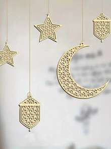 斋月木制悬挂装饰品一件 - 星星、新月、灯笼和曼陀罗图案，蘑菇节木制装饰品，适用于婚礼、生日、节日、派对和其他活动、开斋节、斋月等场合的场地装饰。 - 彩色 - 查看 2