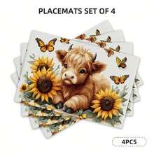 4/6pcs Sunflower & Butterfly Farmhouse Placemats - Heat-Resistant Linen Table Mats With Cute Cow Design, Durable & Easy-Clean, Perfect For Kitchen & Dining Tables, Easy-Clean Mats| Sunflower Pattern| Heatresistant Mats, Sunflower Decor - 農家 - 查看 2