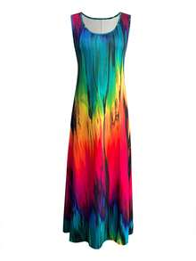 Plus Size Rainbow Ombre Print Sleeveless Maxi Dress, Women Beach Vacation Casual Daily Wear, Spring/Summer Versatile, With Pockets, Sleeveless Summer Long Dress Elegant - Multicolor - View 4