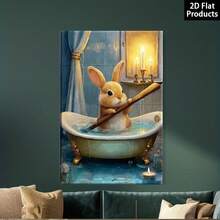 Pintura de arte abstracto plano 2D estilo inodoro, póster en lienzo con marco de madera, conejo bañándose en un elegante baño en una bañera vintage, incluye bolígrafo, adecuado para decoración de dormitorio, sala de estar, cocina, pasillo, baño, regalo de decoración del hogar, decoración navideña - transparente - Ver 9