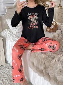 2pcs Women Pajama Set, Cartoon Highland Cow & Slogan Print Crew Neck Long Sleeve Top And Long Pants, Cute Black Sleepwear Set, Ladies Casual Homewear Suit, Comfortable Matching Pajama Set - Multicolor - View 5