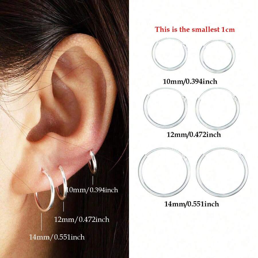 3 Pairs 925 Sterling Silver Sleeper Hoop Earrings, 10mm + 12mm + 14mm 925 Sterling Silver Sleeper Earrings, Suitable For Daily Wear For Women - Silver - View 1