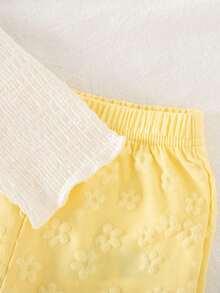 2pcs Set Baby Girls Floral 3D Embroidery Long Sleeve T-Shirt & Flower Jacquard Pants, Sweet & Chic Style, Casual & Versatile - Yellow - View 4