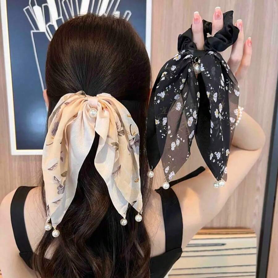 1pc French Vintage Ditsy Floral Bow Scarf Scrunchie With Pearls, Romantic Hair Accessory For Dates, Parties & Daily Looks, Elegant & Versatile, Ideal Gift For Women/Girlfriend/Bestie On US - 綠色的. - 查看 1