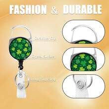 St.Patrick's Day Clover Print Lanyards For ID Badges, Green Leaf ID Badge Holder With Lanyard Retractable Badge Holder/Reel Lanyard, Teacher Student Office Gifts,CloverShamrock - 三葉草 - 查看 3