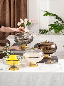 1pc Plastic PET Material Drainage High Foot Tray With Dust Cover, Unbreakable And Reusable Fruit/Dessert/Snack/Cake Display Tray, Suitable For Various Festivals, Weddings, Parties And Events - Round-gold High Feet - View 5