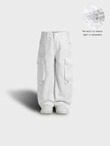 Young Boy Beige Wide Leg Cargo Jeans, Multi-Pocket Versatile Adjustable Waist Casual Denim Workwear Pants, Back To School - White - View 14