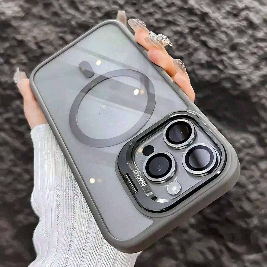 Advanced Magnetic Shockproof Phone Case With Magnetic Stand & Glass Lens Protection For IPhone 16/15/14/13/12/11 Pro Max Models For Iphone Case Glass Lens Protection For The Back Cover Waterproof Anti-Fall Scratch Resistant - 灰色 - 查看 1
