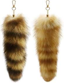 3 Pack Fox Therian Tail Keychain, Atiofber 1575in Furry Faux Fur Tail Raccoon Tails Wolf Bag Charm Halloween CosplayChristmas - Vàng và Đen - Xem 1