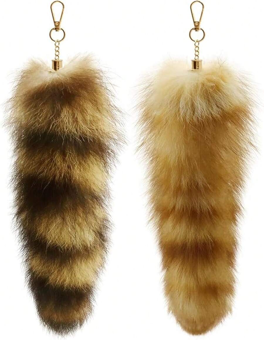 3 Pack Fox Therian Tail Keychain, Atiofber 1575in Furry Faux Fur Tail Raccoon Tails Wolf Bag Charm Halloween CosplayChristmas - Vàng và Đen - Xem 1