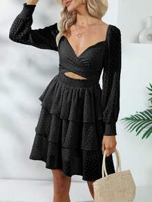 Vestidos Casuales de Manga Larga con Mangas de Rejilla para Mujer, Casual y Elegante Reversible - Negro - Ver 2