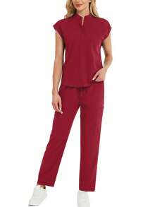 Set de 2 piezas de ropa de estar en casa de primavera con top de cuello alto y mangas cortas de unicolor y pantalones largos - Burdeos - Ver 5