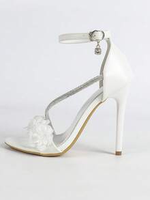 SOLE STORY Women's Tie-Dye 3D Flower & Rhinestone Decor Open-Toe Stiletto Heels, Sweet Party Style, Multicolor Gradient Patent Leather High-Heeled Sandals,Spring Summer Outfits - White - View 8