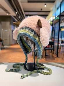 1顶儿童帽子，适合3-16岁儿童，小羊角帽，可爱帽子，防风保暖帽，旅行和摄影道具，羊耳朵可以发出声音，男女宝宝冬季帽子，幼儿发饰，男女通用