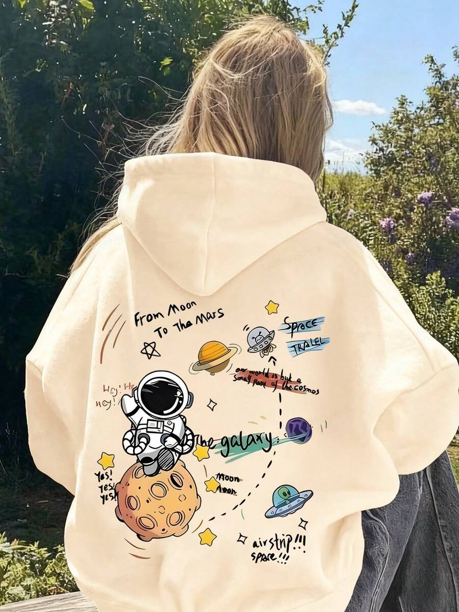 這款舒適時尚的寬鬆版型太空人圖案長袖運動衫,專為青少年女孩設計,是秋冬理想的疊穿上衣 - 杏色 - 查看 1