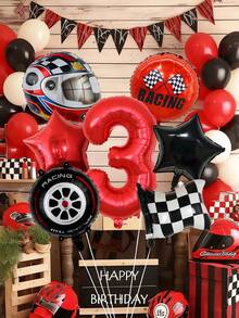 7pcs/Set Racing Car Theme Birthday Balloon Set, 32 Inch Red Number Balloons, 18 Inch Star Foil Balloons, Black & White Racing Flag Balloons, Helmet Balloon, Suitable For Birthday Party, Racing Theme, Celebration Decoration, Indoor & Outdoor Decor, Speed Racing Theme - Multicolor - View 1