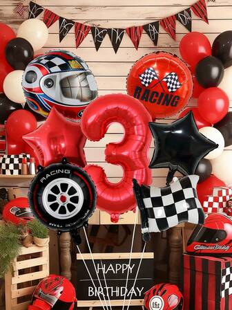7pcs/Set Racing Car Theme Birthday Balloon Set, 32 Inch Red Number Balloons, 18 Inch Star Foil Balloons, Black & White Racing Flag Balloons, Helmet Balloon, Suitable For Birthday Party, Racing Theme, Celebration Decoration, Indoor & Outdoor Decor, Speed Racing Theme