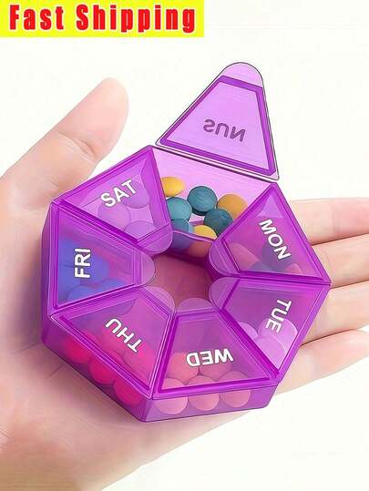 1个便携式7天药盒，每周7格药片收纳盒，圆形药片收纳盒，便携式密封药片整理盒，适用于维生素和药片，旅行用药分格包装，适合户外旅行和办公出行必备