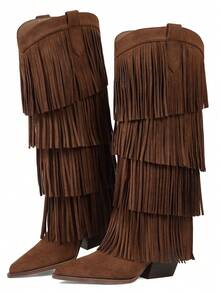 Vintage Cowgirl Outfits For Women Boots Pointed Toe Fringe Detail Chunky Mid Heel Pull On Festival Shoes Country Concert Wide Calf Boots Women Plus Size - 淺棕色 - 查看 4