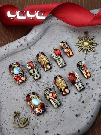 Set de 10 uñas postizas hechas a mano de longitud media cuadrada, en colores negro, dorado, verde, naranja, metálicos, con decoraciones de puntas francesas, ángeles, cuadros, gemas, rubíes, corazones, piedras de luna, cuentas, Cleopatra, espejo mágico, adecuado para vacaciones, fiestas, bodas y uso diario. Incluye kit de herramientas. Gran regalo para mujeres y niñas.